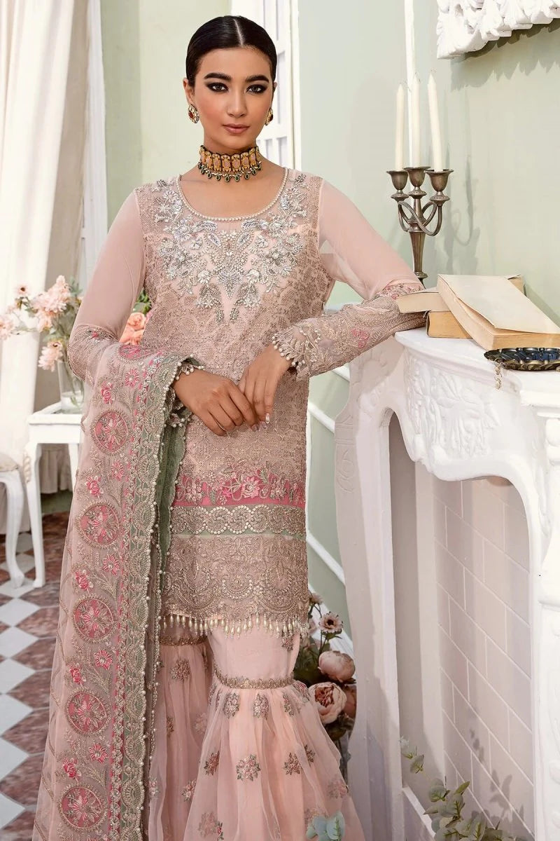 Imrozia Premium Inspired Embroidered 3 Piece Pink Wedding Gharara Outfit - Desi Posh