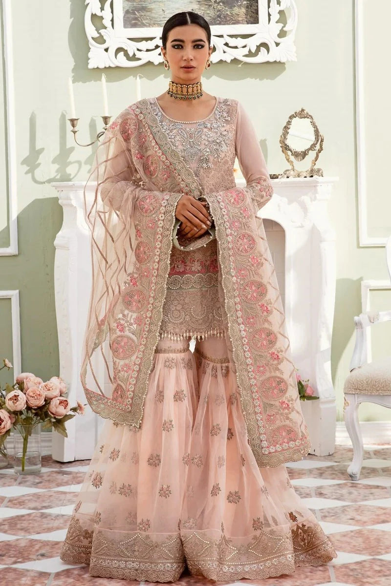 Imrozia Premium Inspired Embroidered 3 Piece Pink Wedding Gharara Outfit - Desi Posh