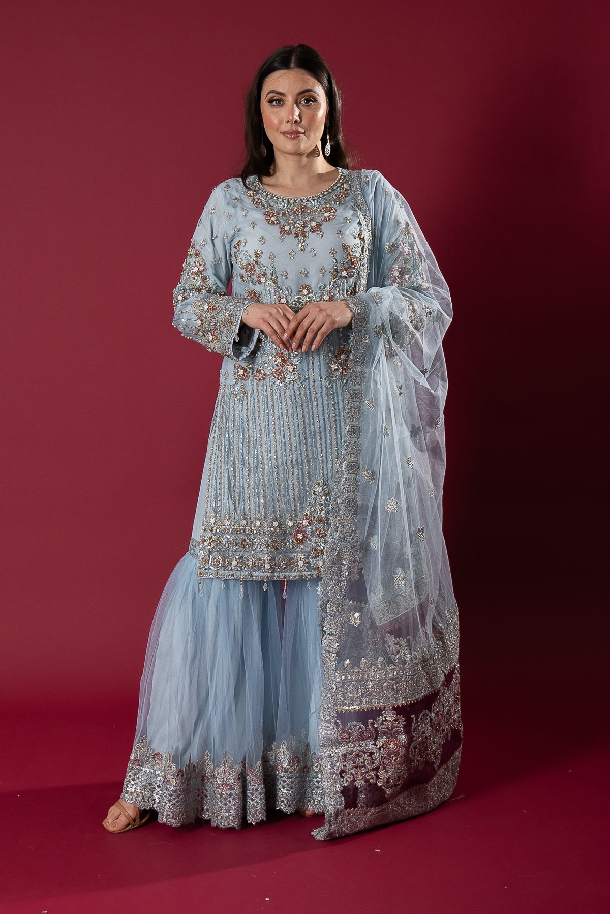 Imrozia Premium Ice Blue Embroidered 3 Piece Wedding Gharara Outfit - Desi Posh