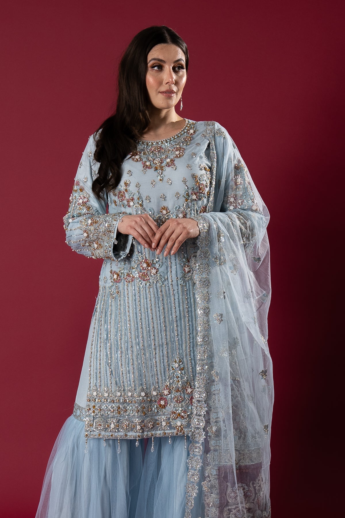 Imrozia Premium Ice Blue Embroidered 3 Piece Wedding Gharara Outfit - Desi Posh