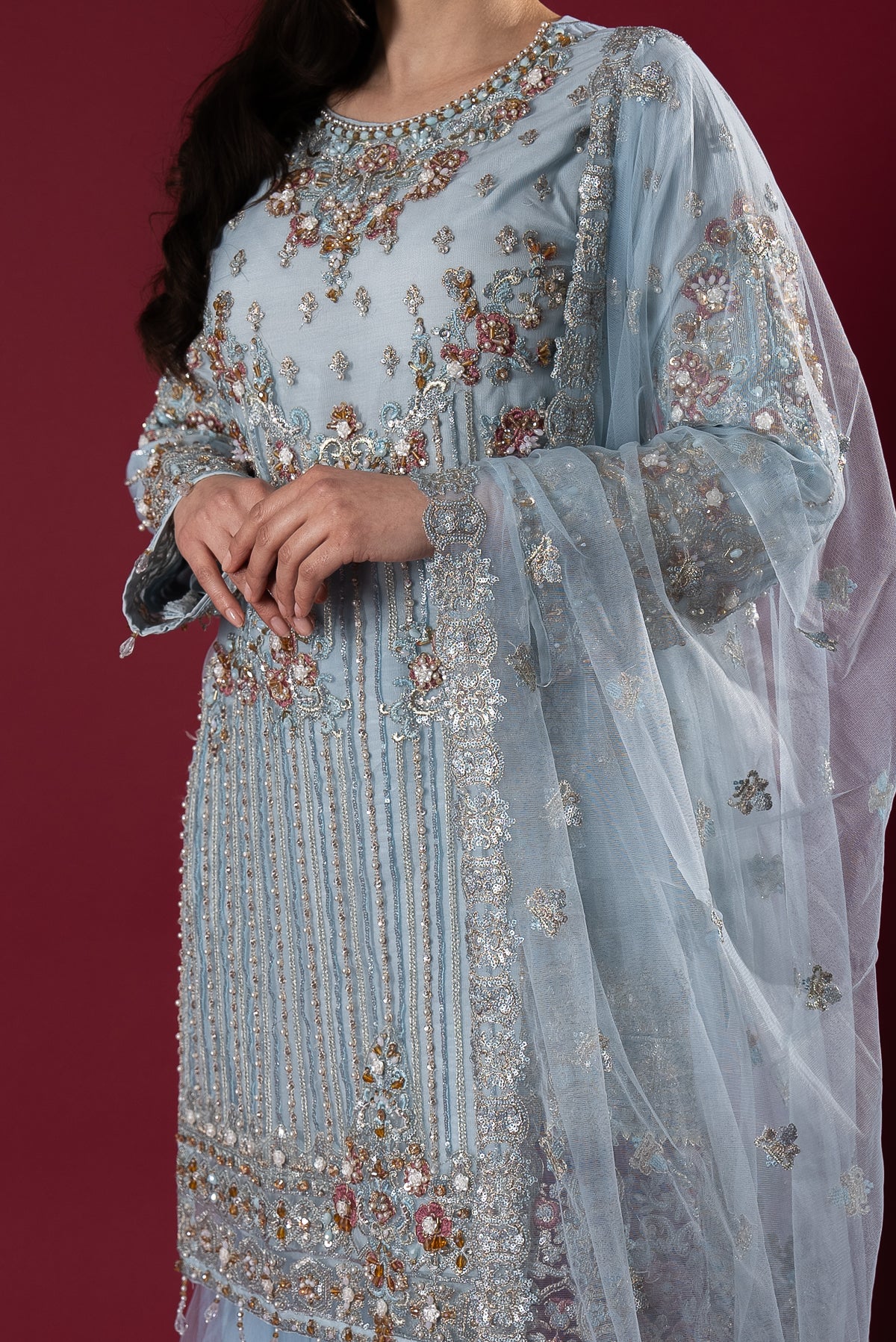 Imrozia Premium Ice Blue Embroidered 3 Piece Wedding Gharara Outfit - Desi Posh