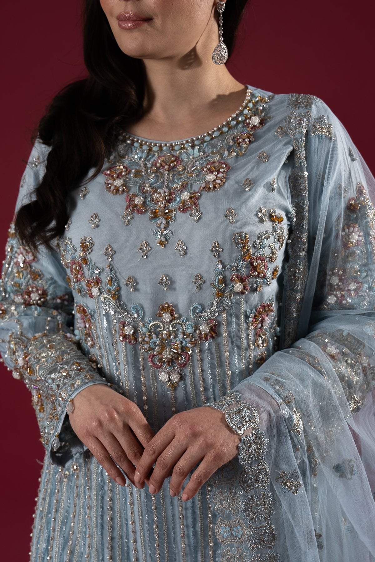 Imrozia Premium Ice Blue Embroidered 3 Piece Wedding Gharara Outfit - Desi Posh