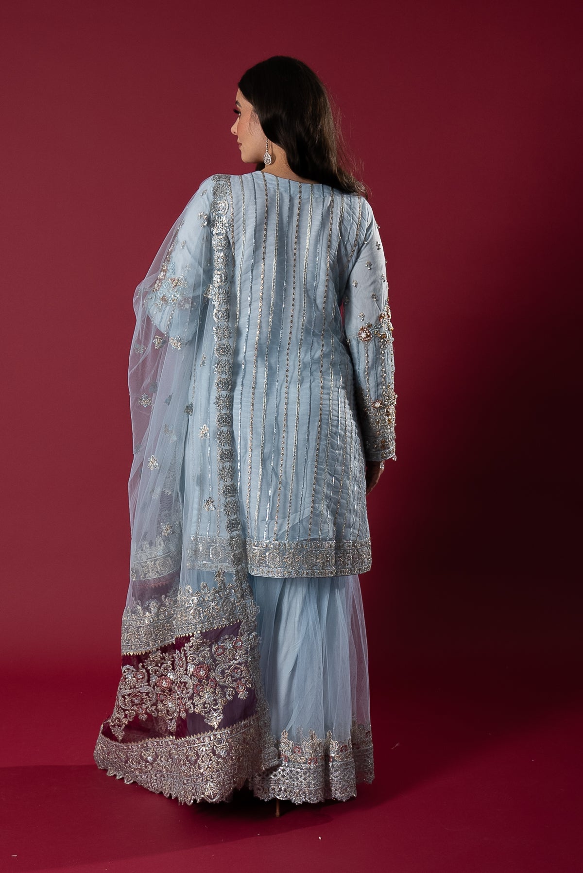 Imrozia Premium Ice Blue Embroidered 3 Piece Wedding Gharara Outfit - Desi Posh