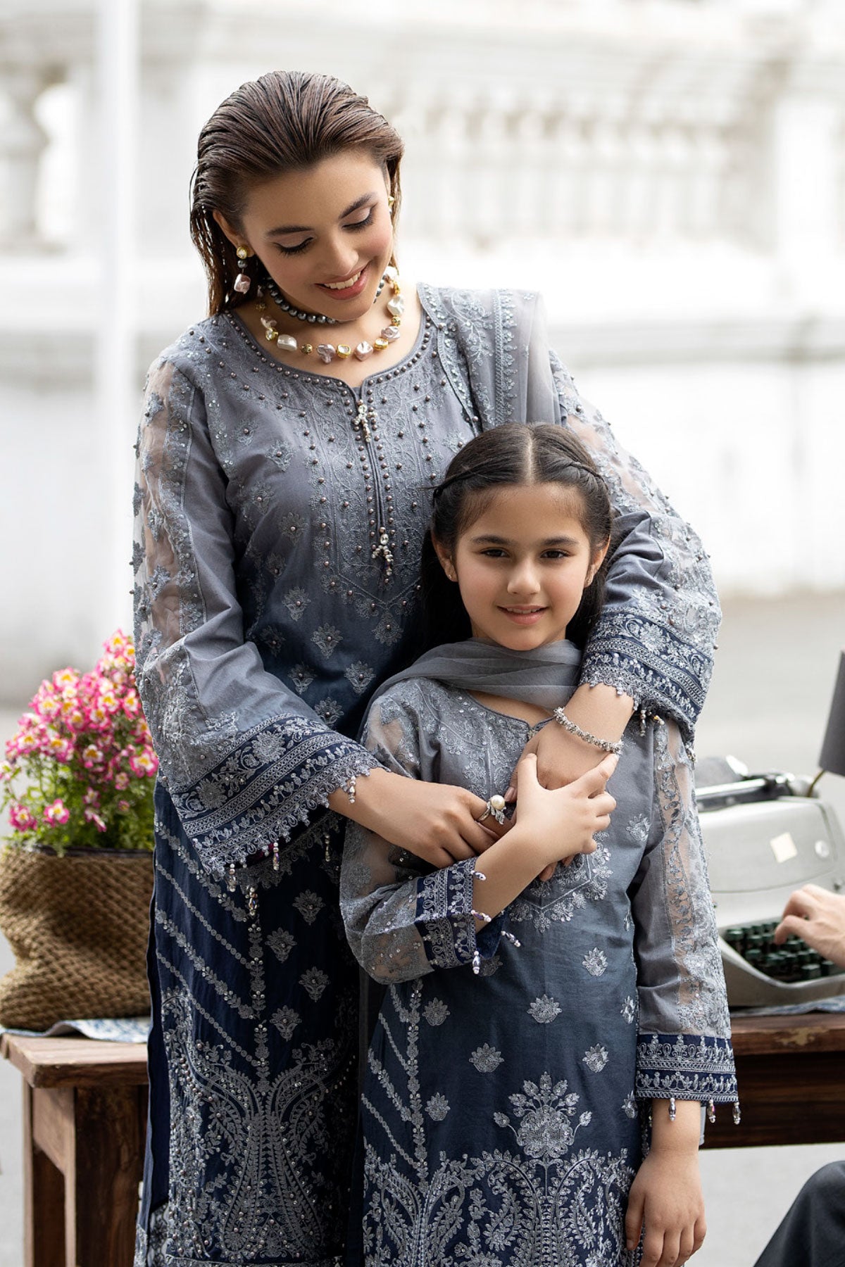 Maria B Inspired Mummy & Me Girls Eid Outfit With Net Dupatta SL817K - Desi Posh