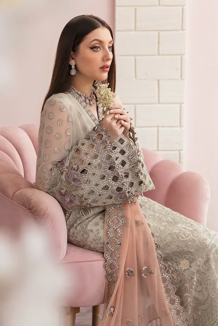 Flossie Ivory White Ladies Embroidered Chiffon Readymade Suit - Desi Posh