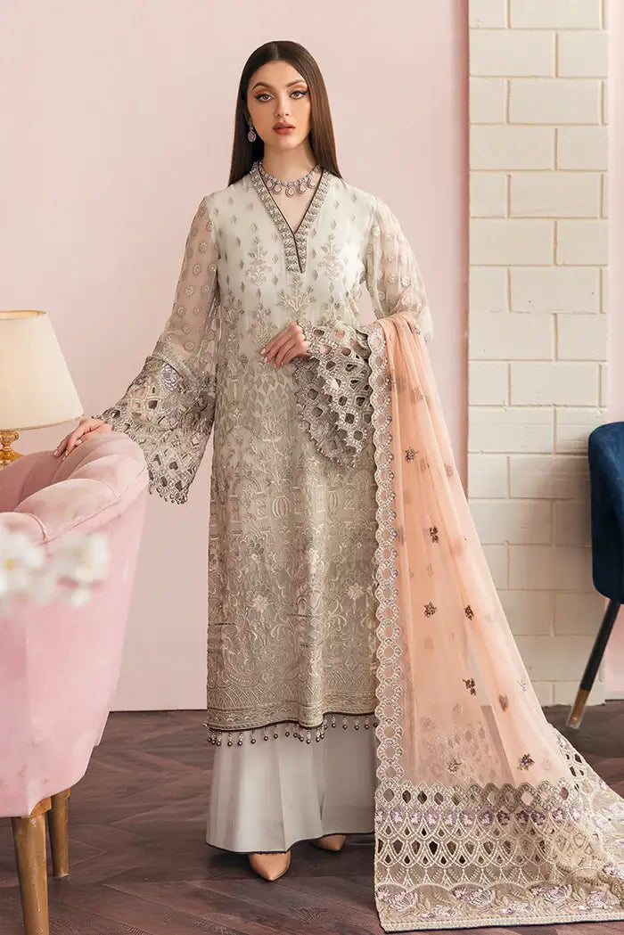 Flossie Ivory White Ladies Embroidered Chiffon Readymade Suit - Desi Posh