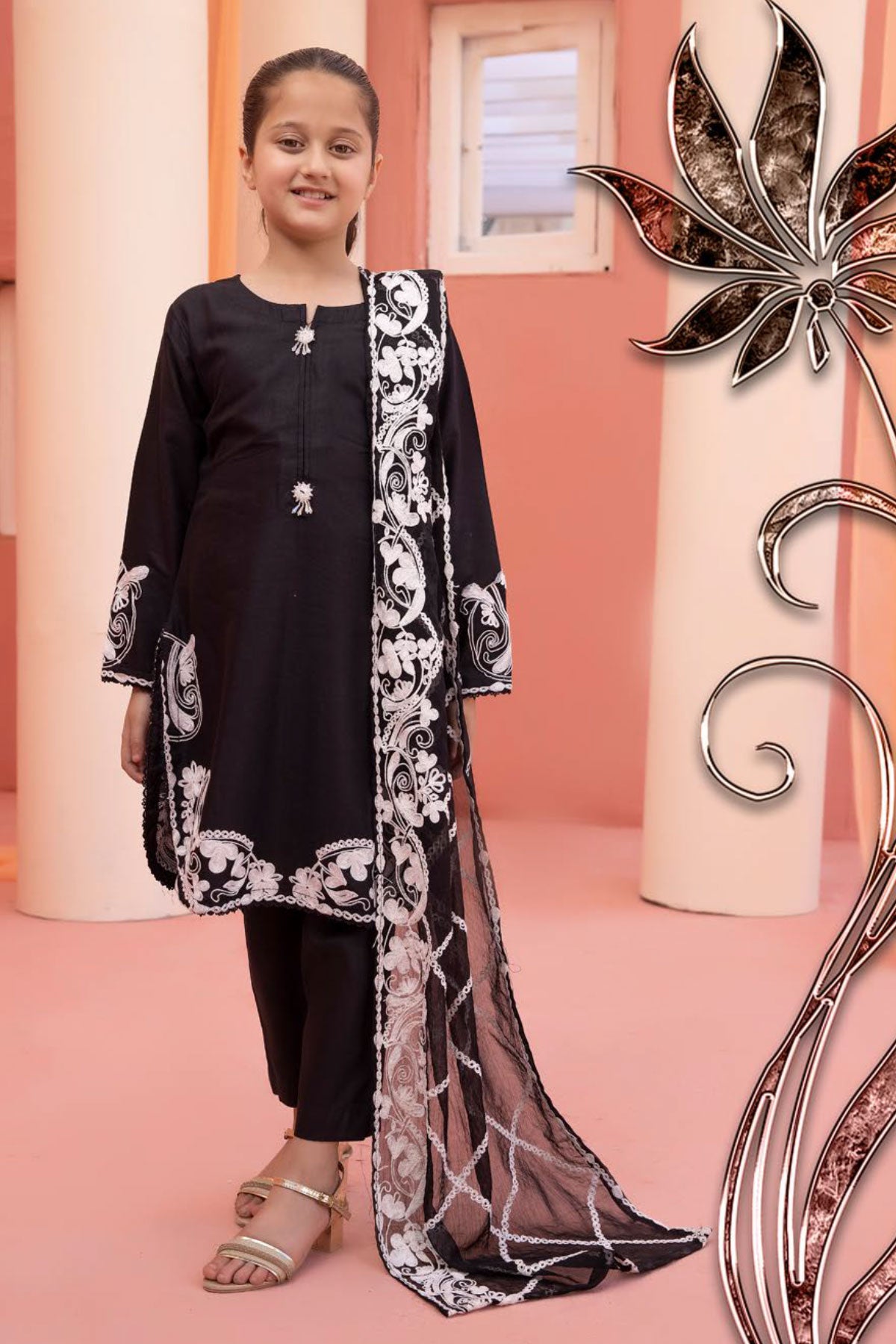Khoobsurat Black Mummy & Kids 3 Piece Suit With Embroidered Dupatta - Desi Posh