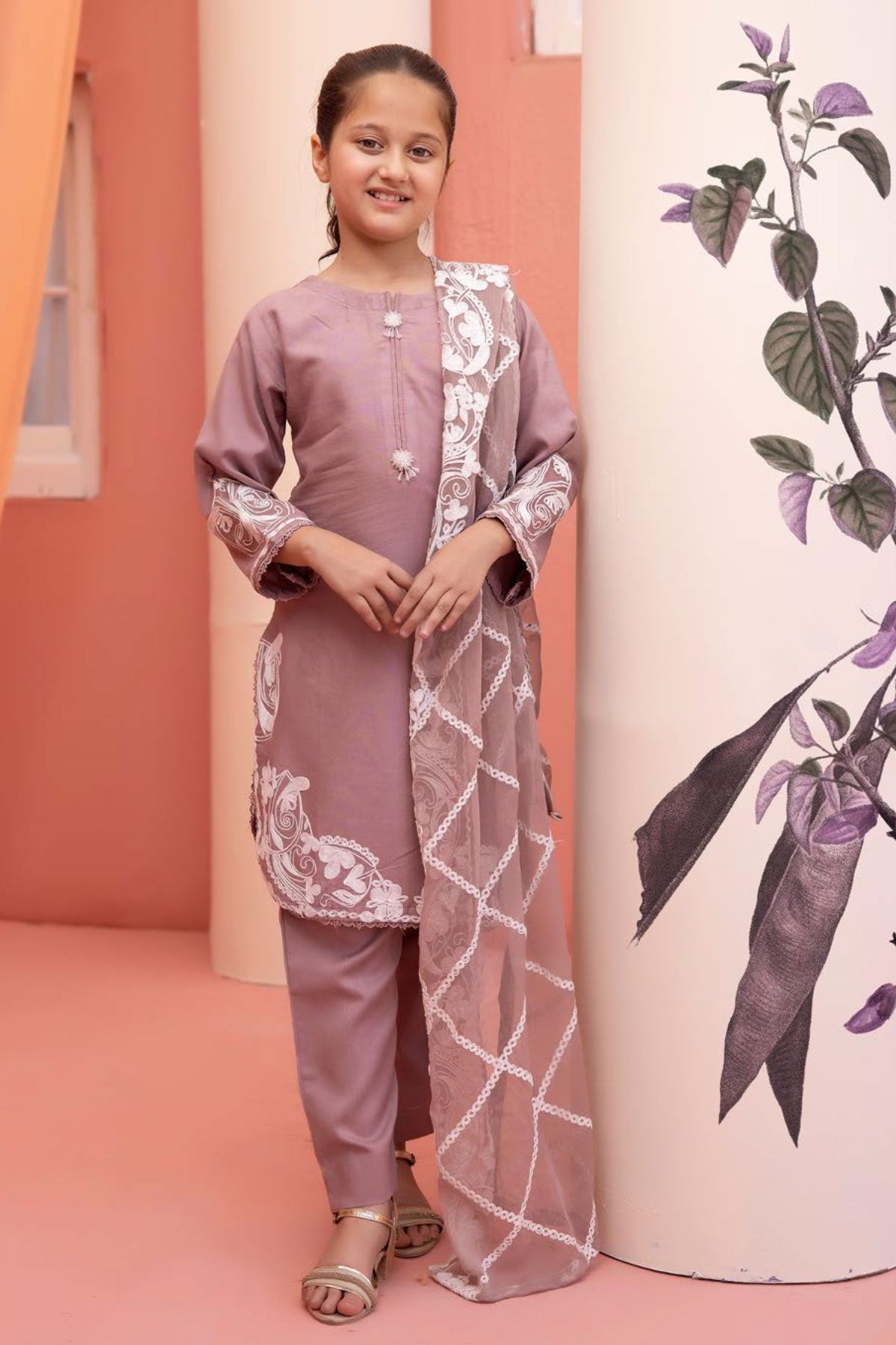 Khoobsurat Taupe Mummy & Kids 3 Piece Suit With Embroidered Dupatta - Desi Posh