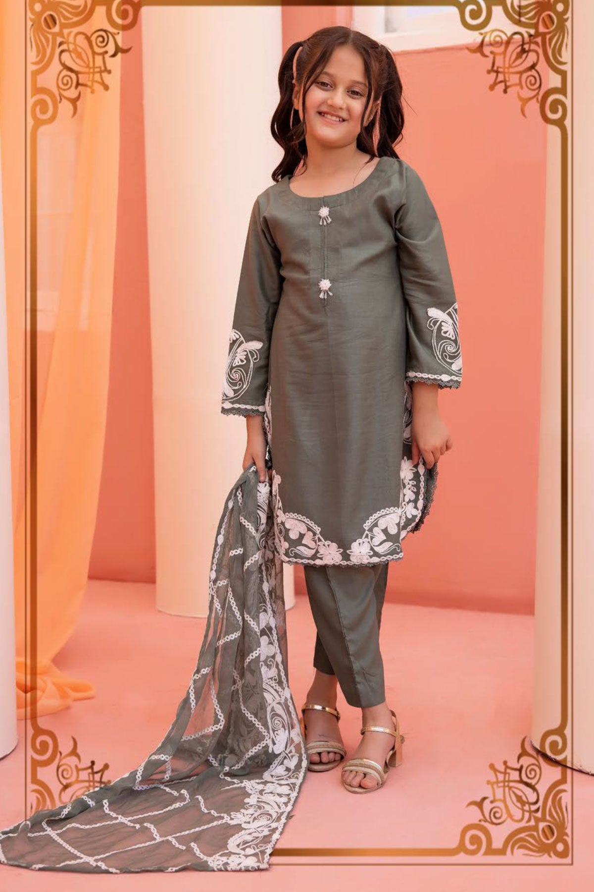 Khoobsurat Green Mummy & Kids 3 Piece Suit With Embroidered Dupatta - Desi Posh