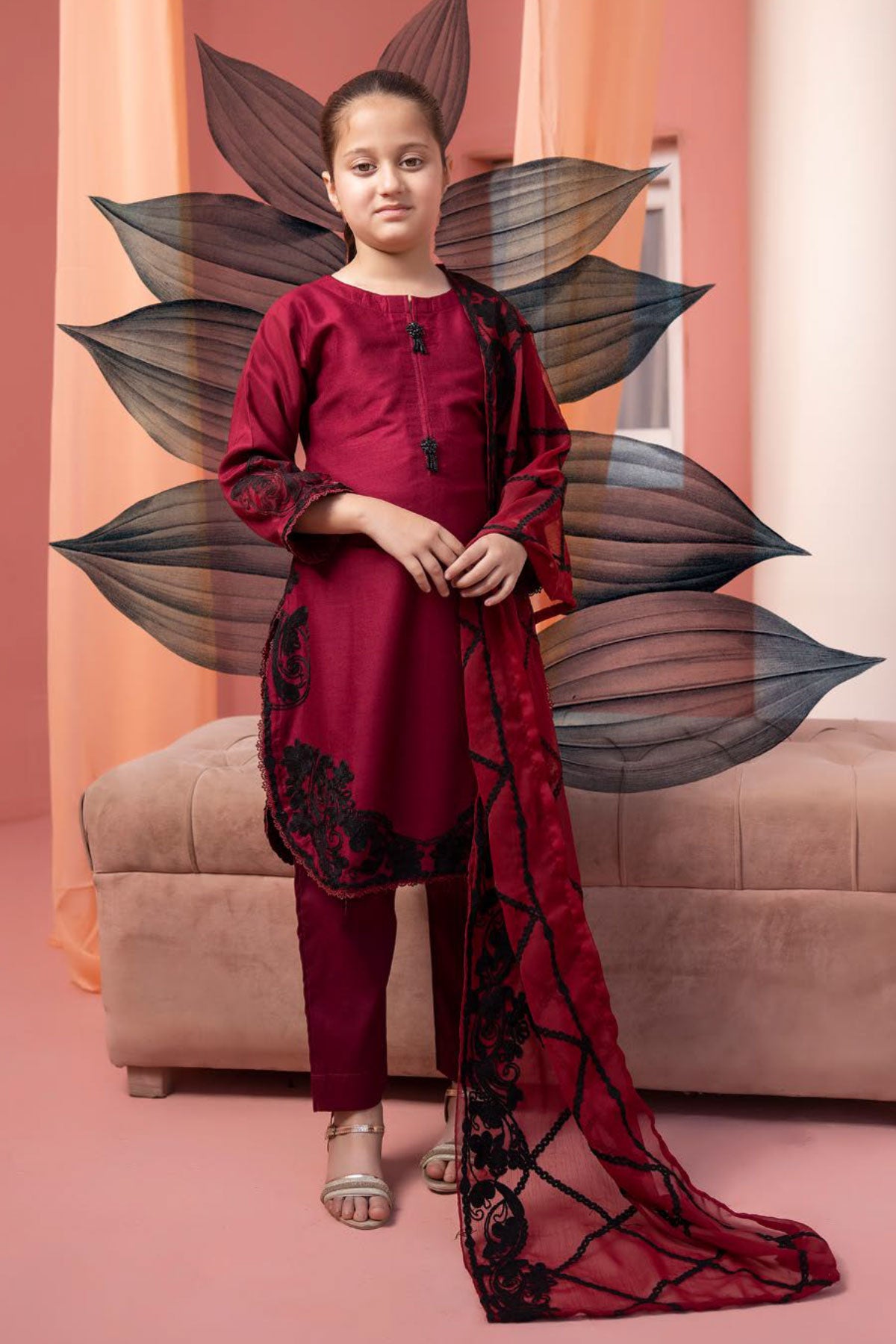 Khoobsurat Maroon Mummy & Kids 3 Piece Suit With Embroidered Dupatta