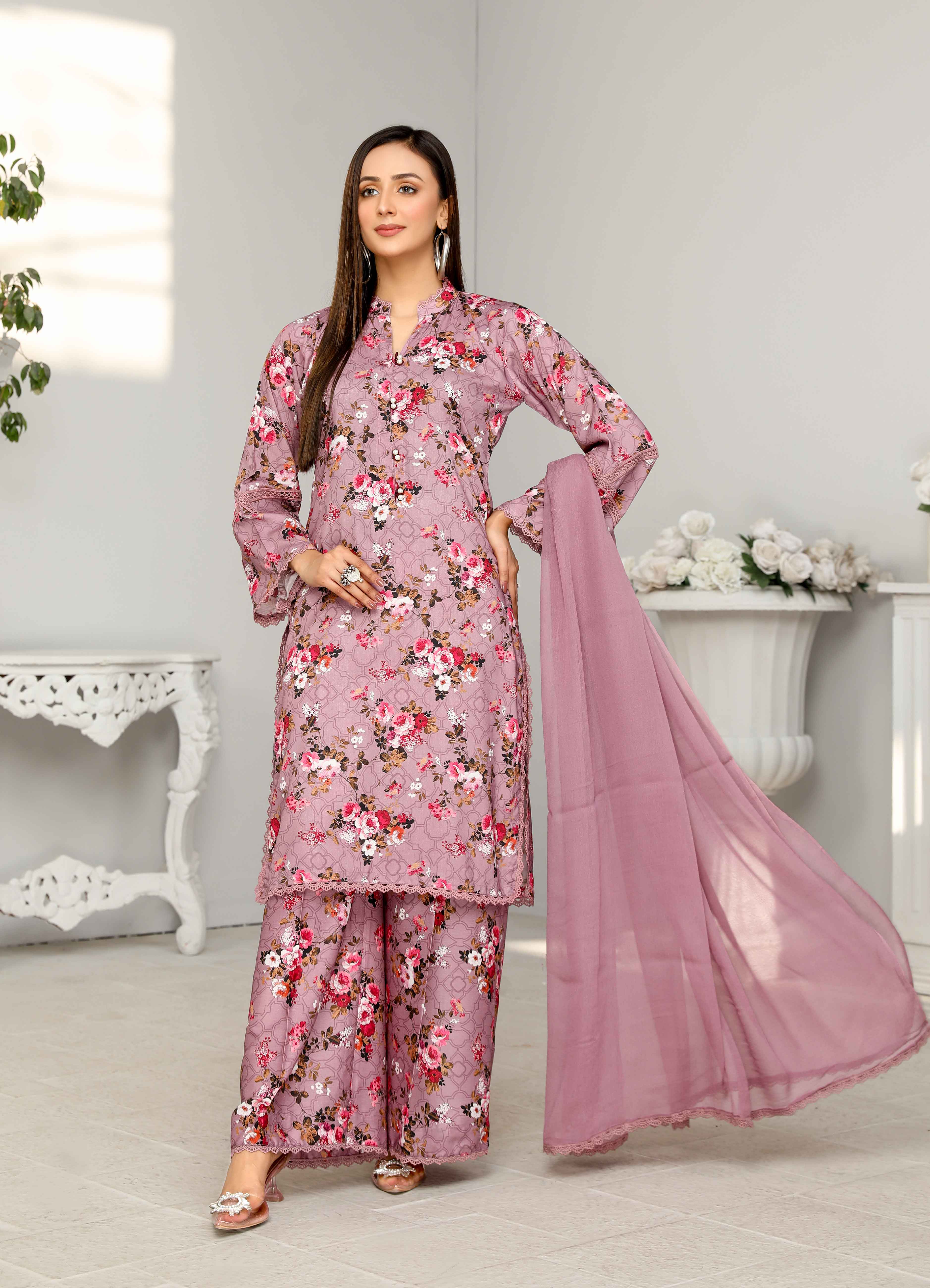 Flora Printed 3 Piece Winter Linen Palazzo Suit Al15 - Desi Posh