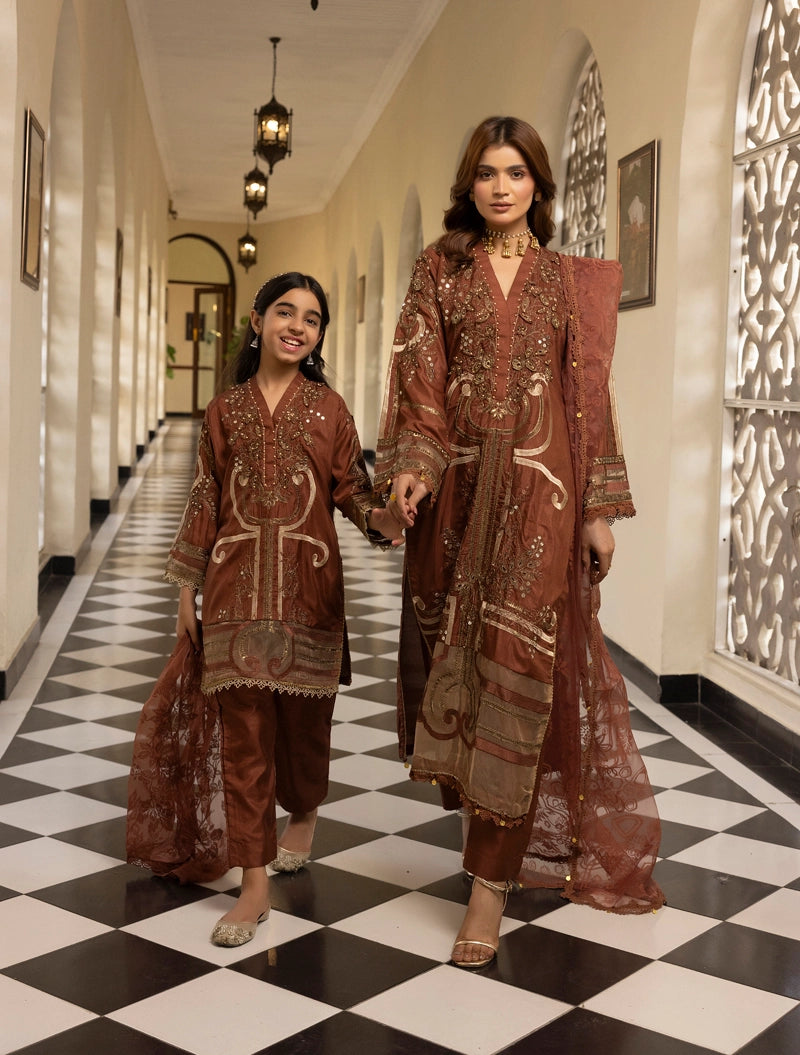 Coffee Brown Maria B Inspired Raw Silk Suit | Mummy and Me Eid Clothes Desi Posh Coffee Brown Maria B Inspired Raw Silk Suit | Mummy and Me Eid Clothes Desi Posh