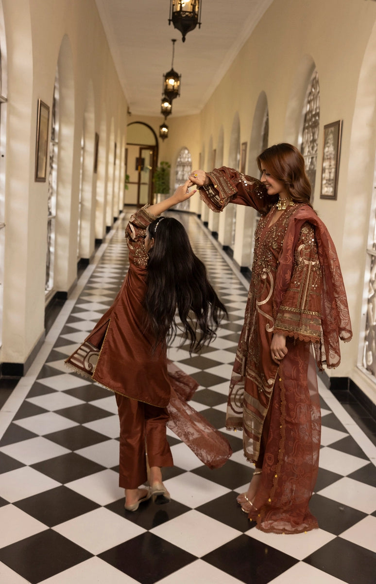 Desi Posh | Coffee Brown Maria B Inspired Raw Silk Suit | Mummy and Me ...