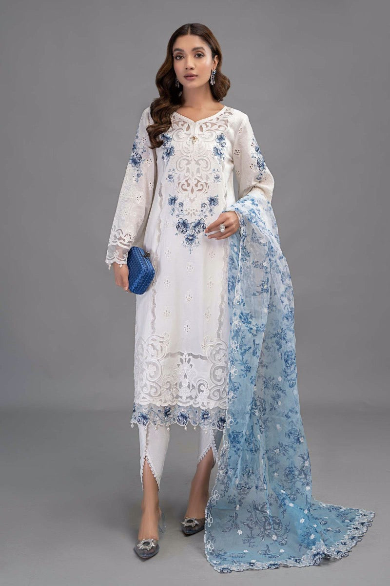 Maria B Inspired Kids Embroidered White 3 Piece Outfit With Net Dupatta - Desi Posh