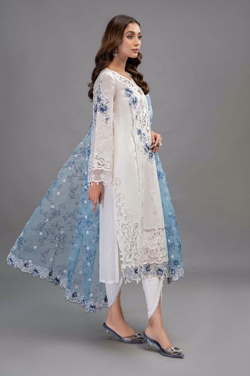 Maria B Inspired Embroidered White 3 Piece Outfit With Net Dupatta - Desi Posh