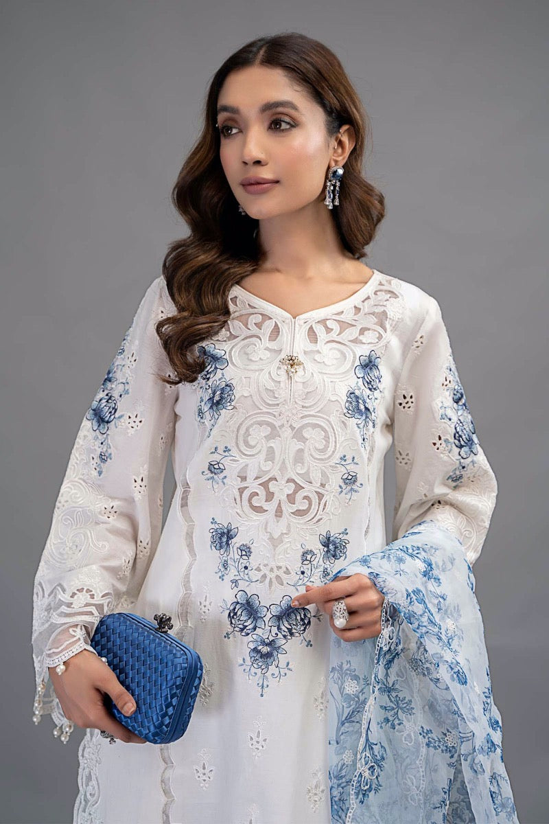 Maria B Inspired Embroidered White 3 Piece Outfit With Net Dupatta - Desi Posh