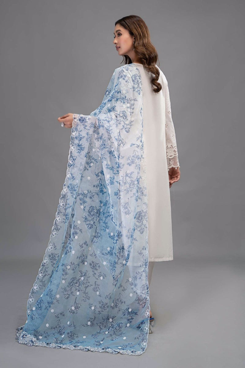 Maria B Inspired Embroidered White 3 Piece Outfit With Net Dupatta - Desi Posh
