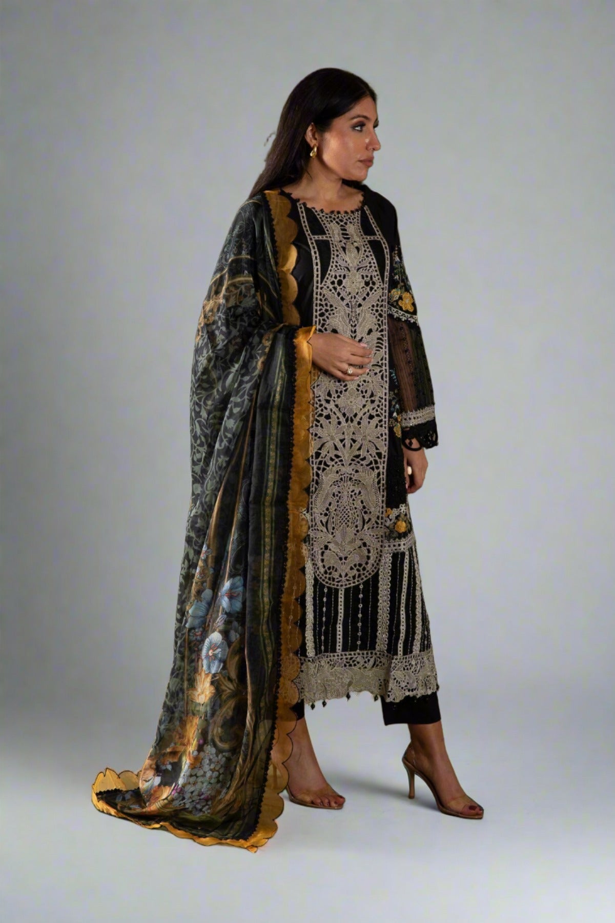 Maria B Inspired Embroidered Lawn D2415-B 3 Piece Outfit With Straight Trousers - Desi Posh