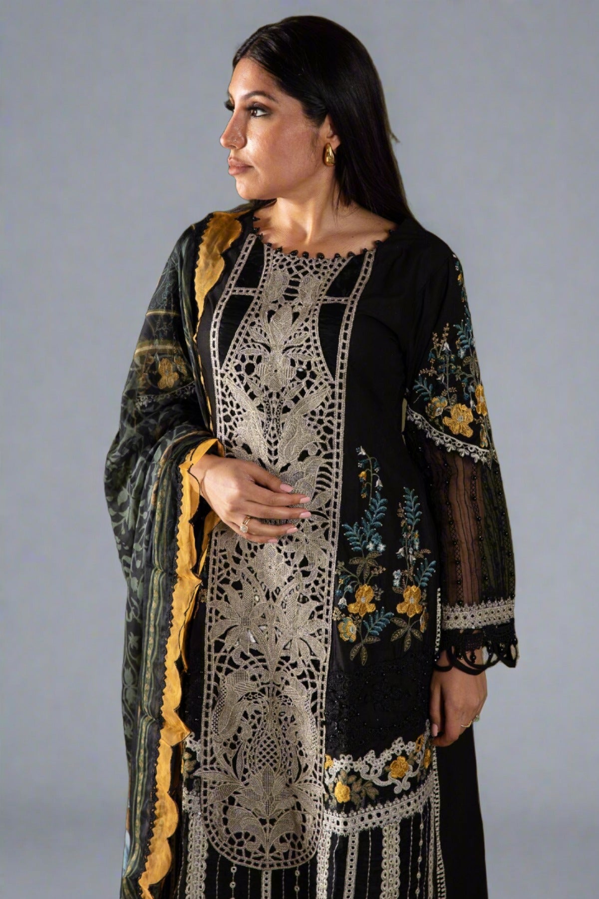 Maria B Inspired Embroidered Lawn D2415-B 3 Piece Outfit With Straight Trousers - Desi Posh
