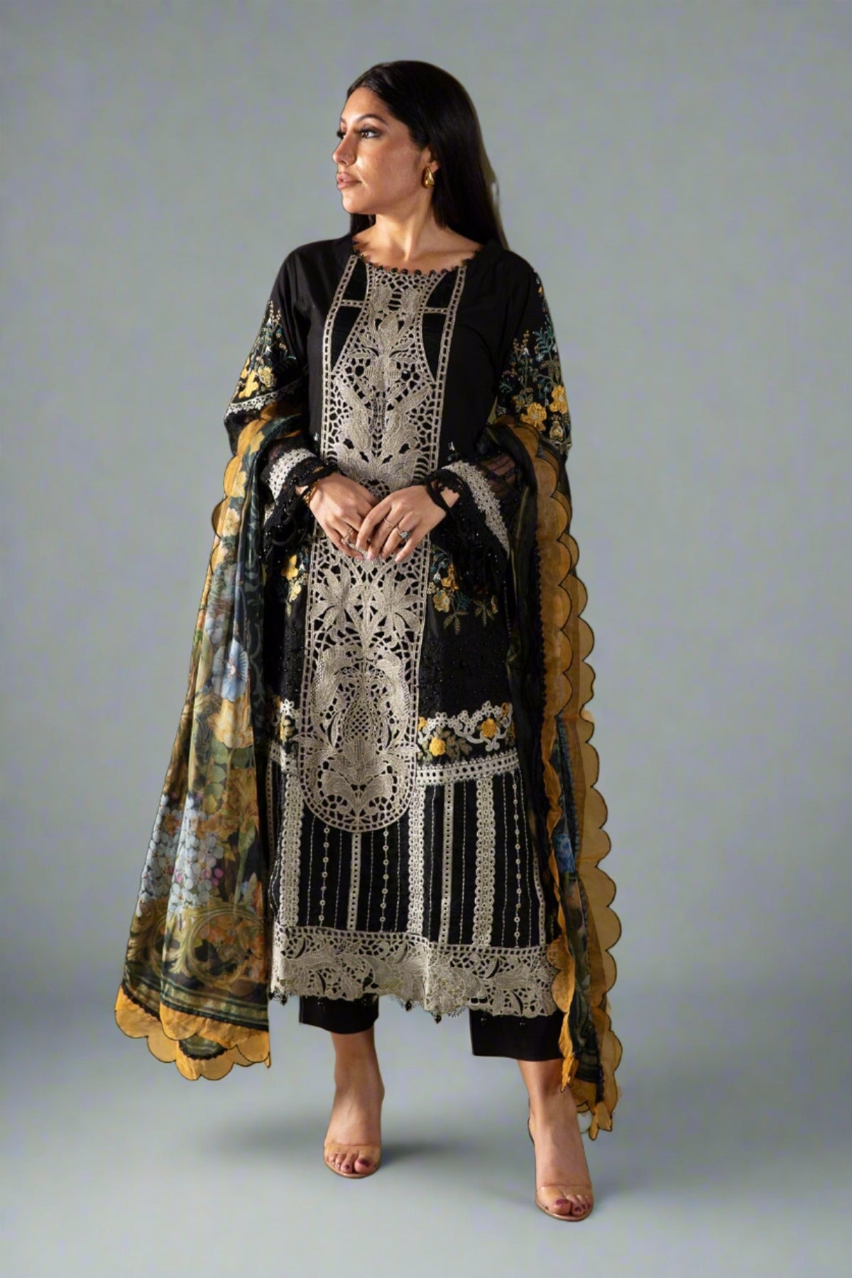 Maria B Inspired Embroidered Lawn D2415-B 3 Piece Outfit With Straight Trousers - Desi Posh