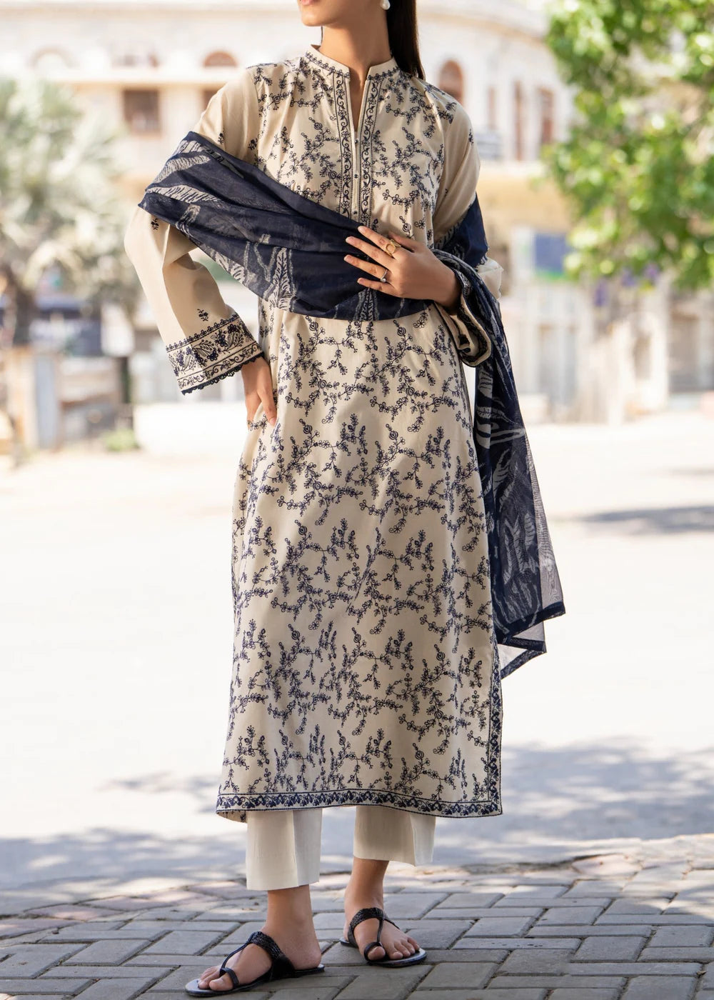 Muharram New Year Collection Cream 3 Piece Embroidered Lawn Suit