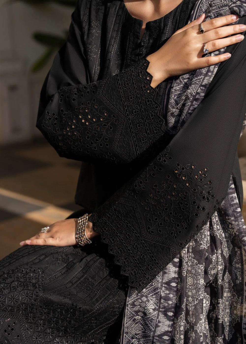 Muharram New Year Collection Black 3 Piece Chikan Kari Embroidered Lawn Suit - Desi Posh