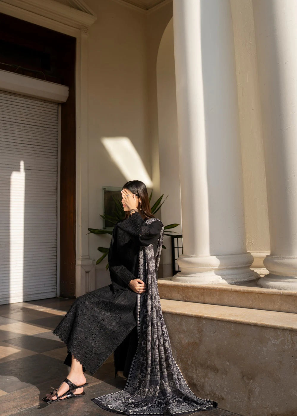 Muharram New Year Collection Black 3 Piece Chikan Kari Embroidered Lawn Suit - Desi Posh