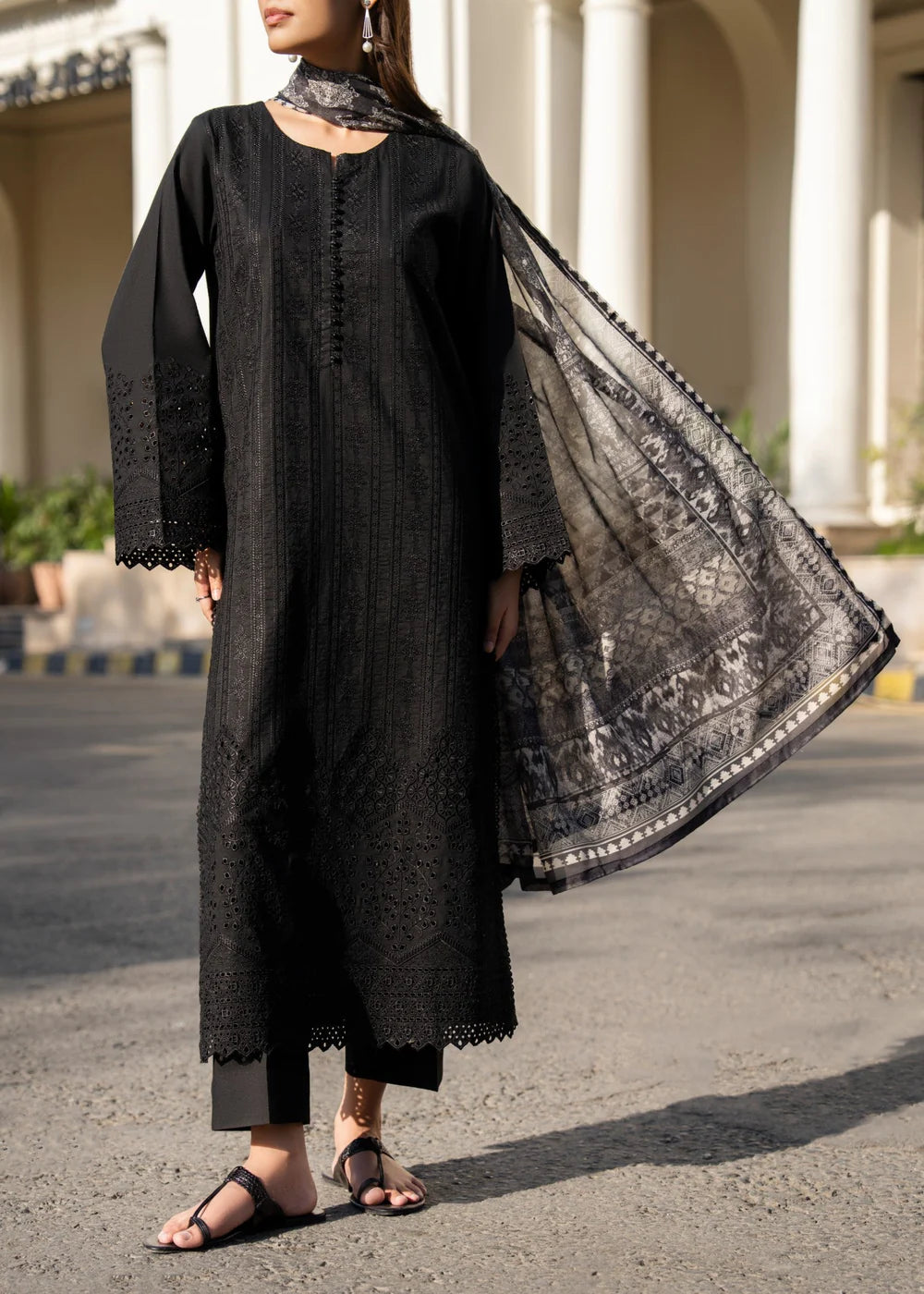 Muharram New Year Collection Black 3 Piece Chikan Kari Embroidered Lawn Suit - Desi Posh