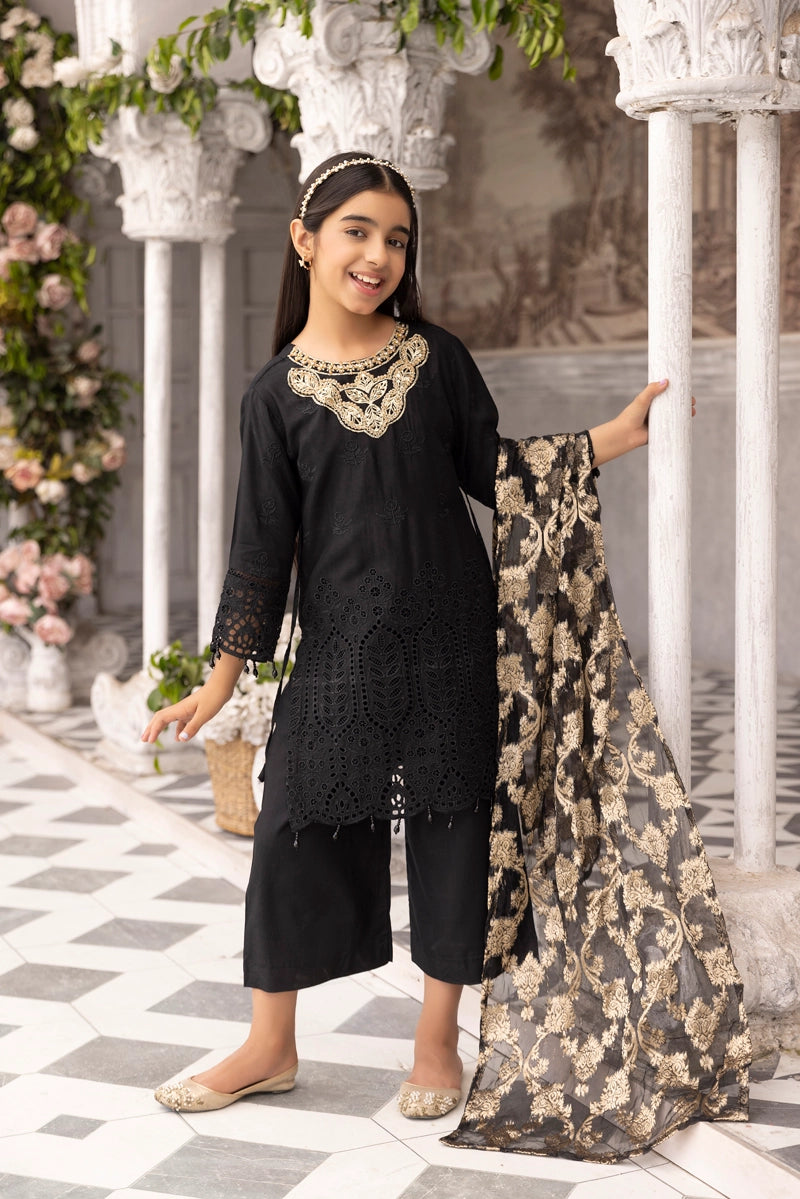 Girls Black & Gold Chikankari Eid Outfit