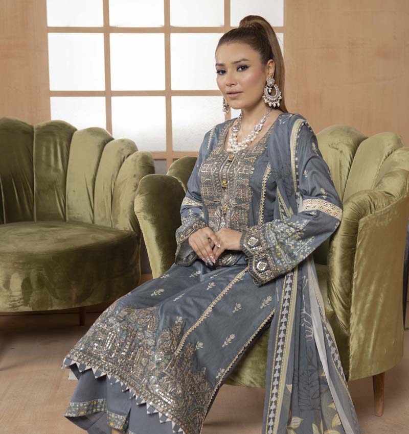 Munira Embroidered Lawn Outfit with Chiffon Dupatta MSL02 - Desi Posh