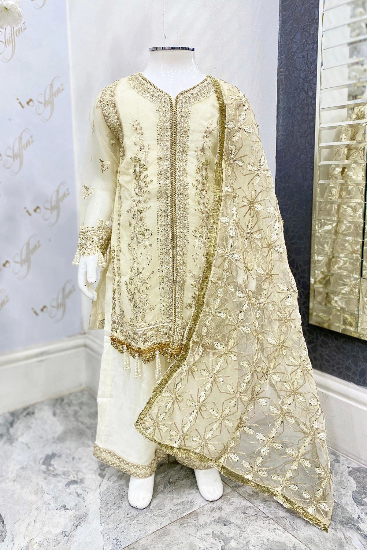 Imrozia Designer Noori Inspired Embroidered Kids Off White 3 Piece Wedding Outfit