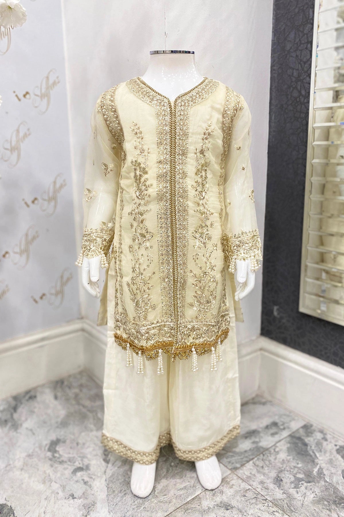 Imrozia Designer Noori Inspired Embroidered Kids Off White 3 Piece Wedding Outfit