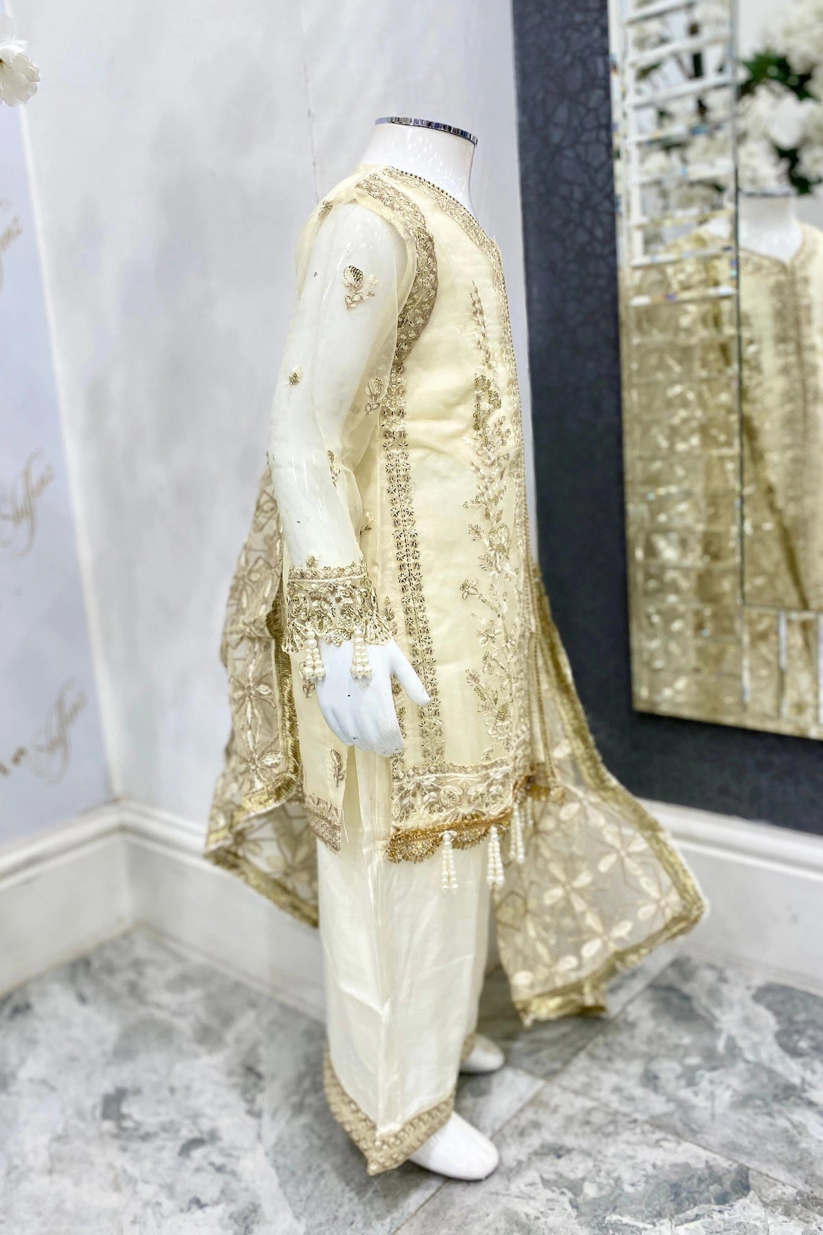 Imrozia Designer Noori Inspired Embroidered Kids Off White 3 Piece Wedding Outfit
