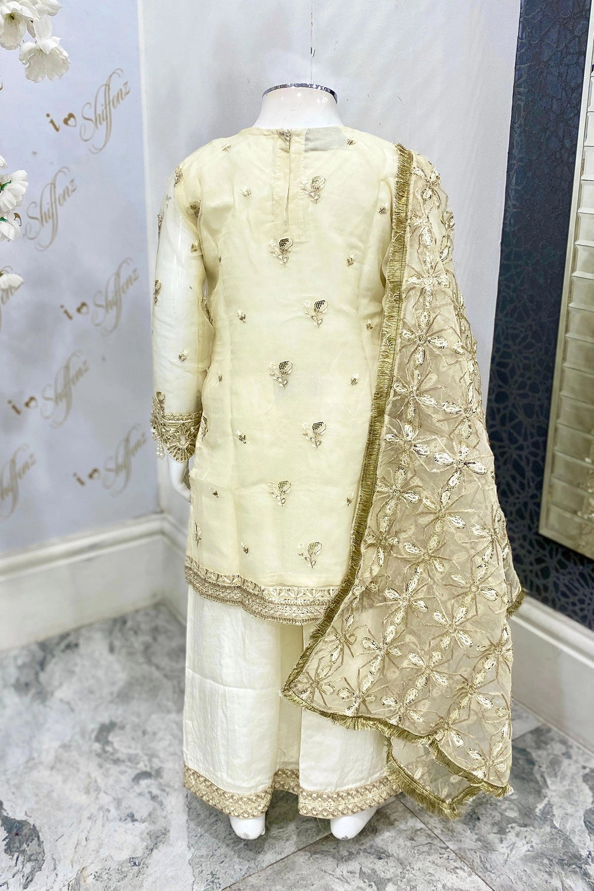 Imrozia Designer Noori Inspired Embroidered Kids Off White 3 Piece Wedding Outfit