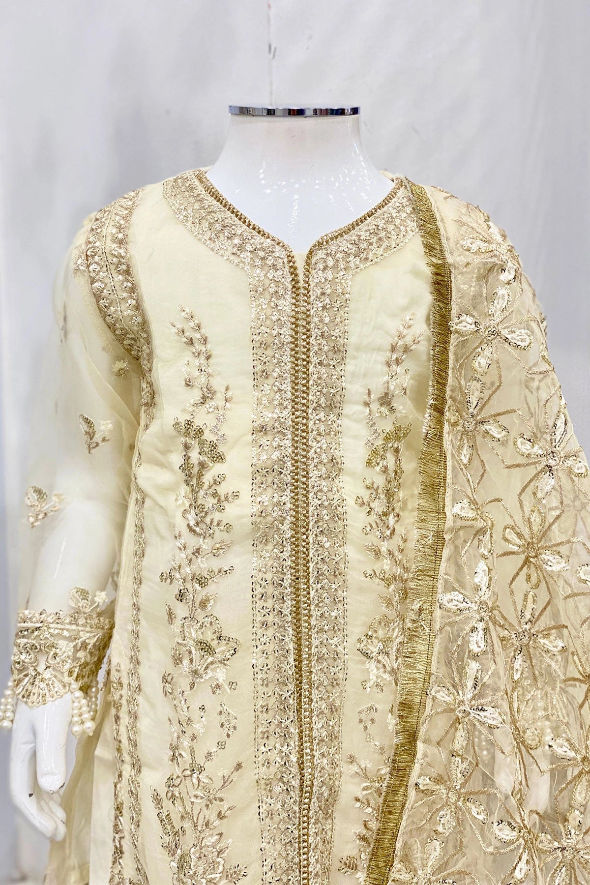 Imrozia Designer Noori Inspired Embroidered Kids Off White 3 Piece Wedding Outfit