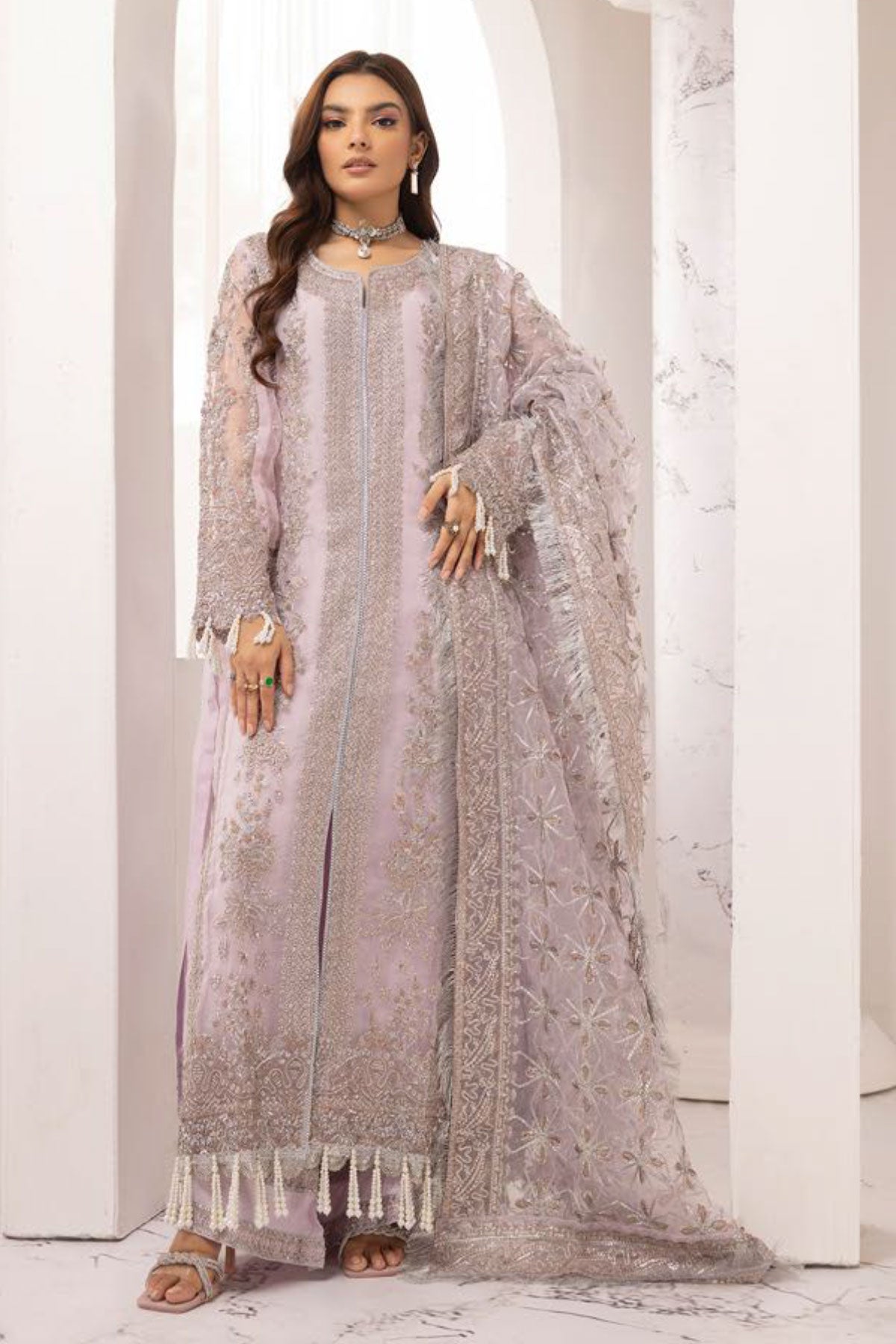 Imrozia Designer Noori Inspired Embroidered Lilac 3 Piece Wedding Outfit - Desi Posh