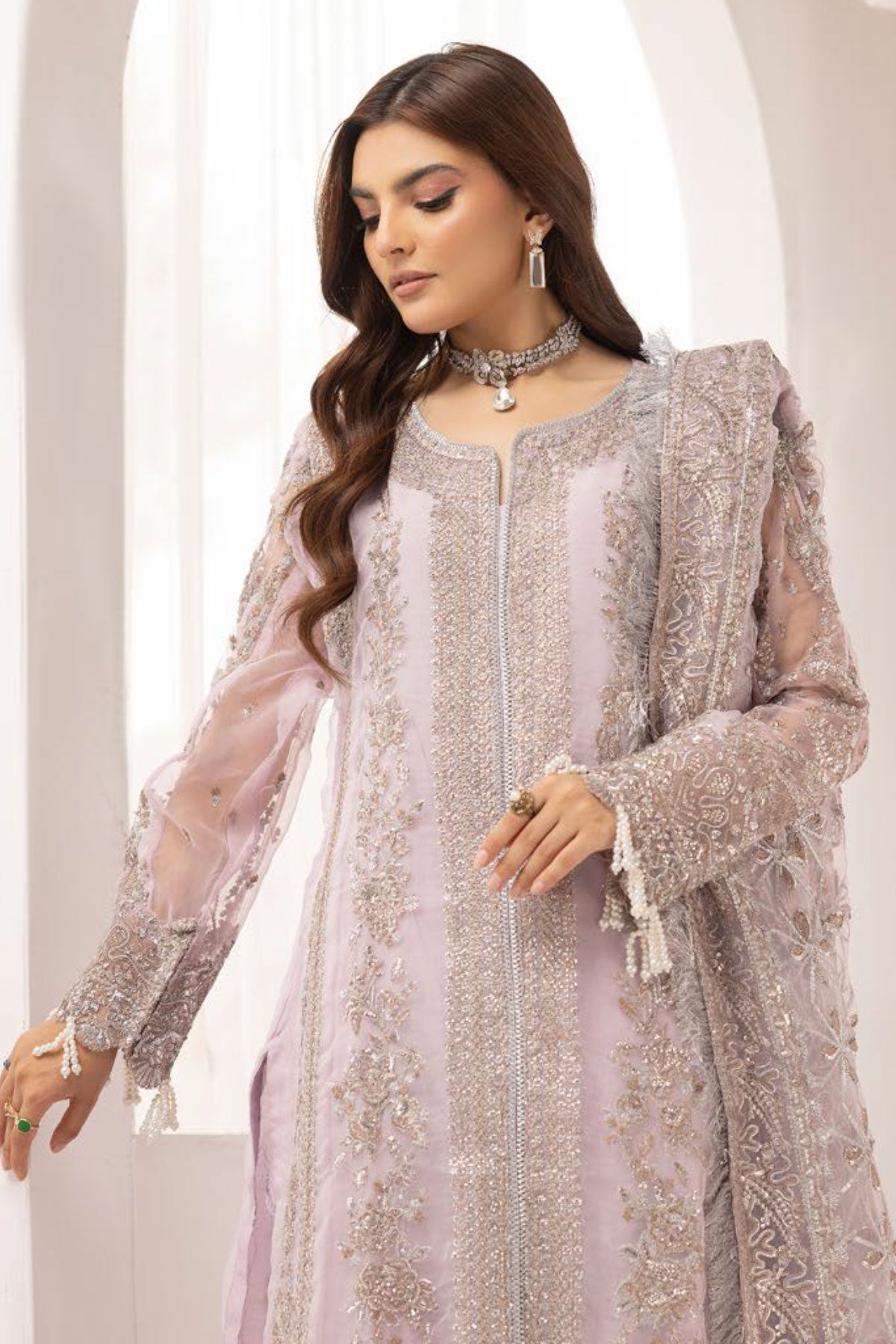 Imrozia Designer Noori Inspired Embroidered Lilac 3 Piece Wedding Outfit - Desi Posh