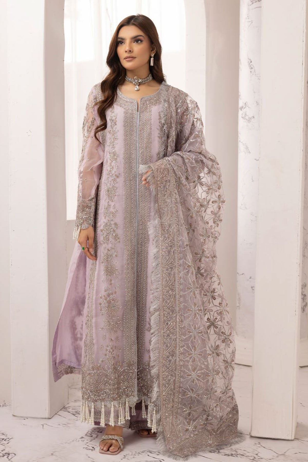 Imrozia Designer Noori Inspired Embroidered Lilac 3 Piece Wedding Outfit - Desi Posh