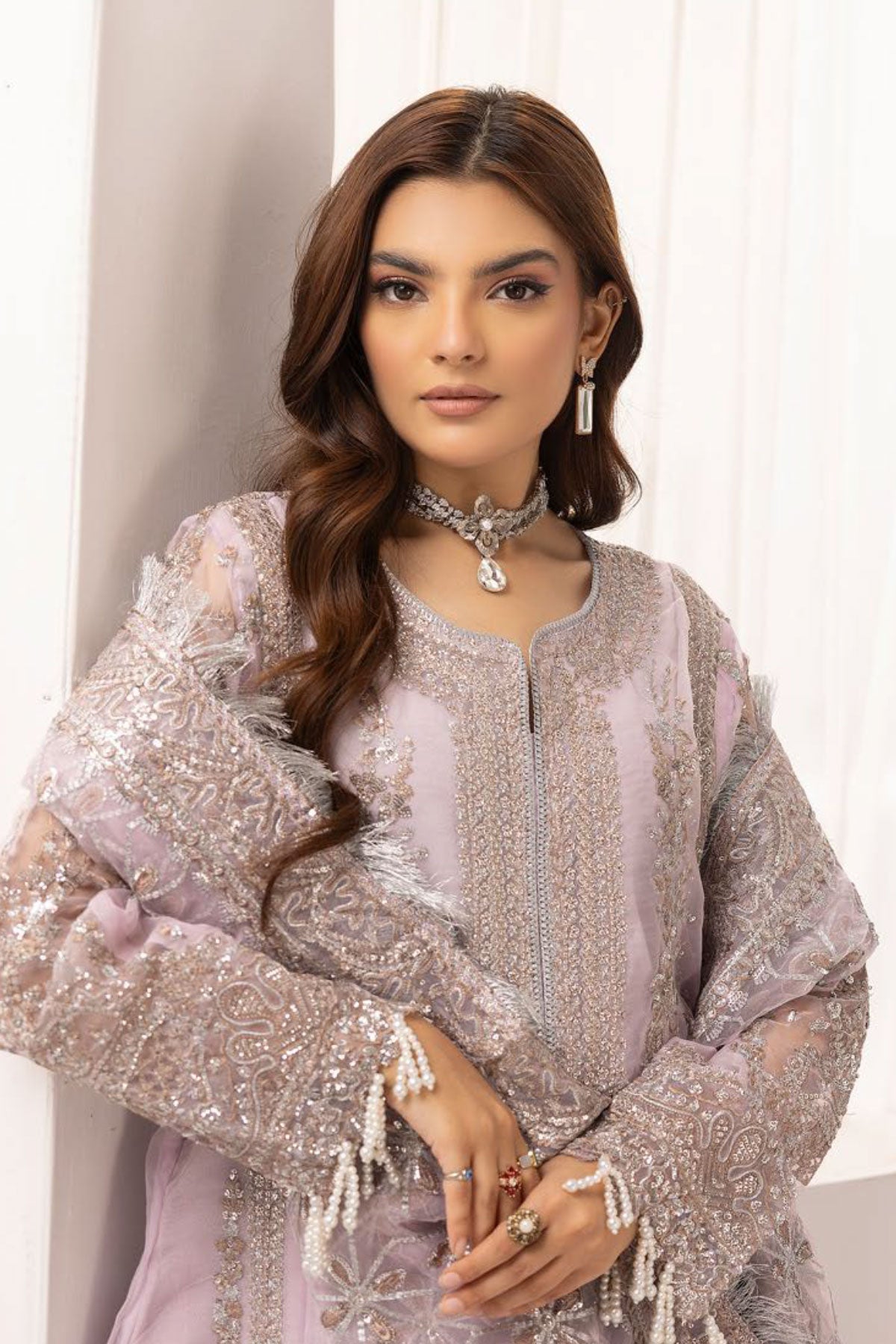 Imrozia Designer Noori Inspired Embroidered Lilac 3 Piece Wedding Outfit - Desi Posh