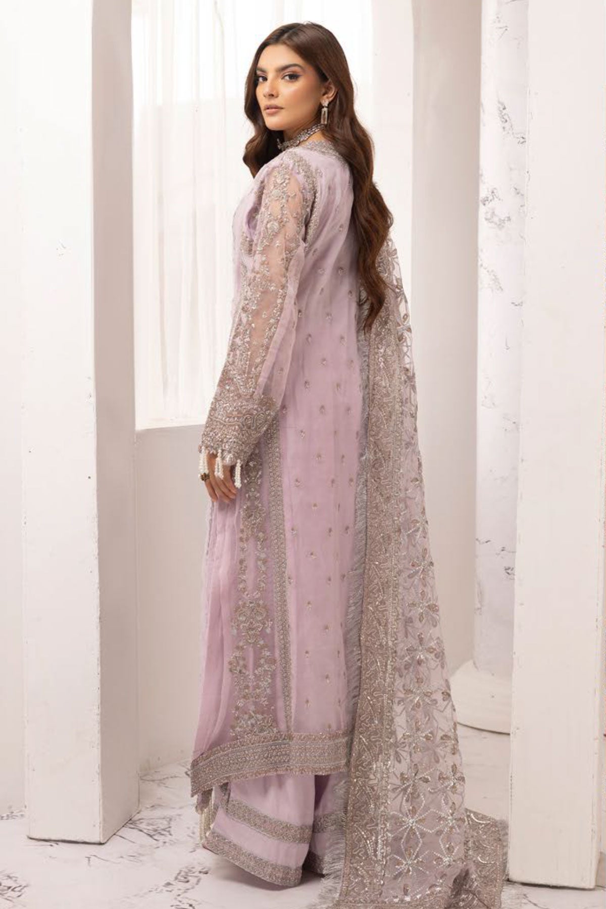 Imrozia Designer Noori Inspired Embroidered Lilac 3 Piece Wedding Outfit - Desi Posh