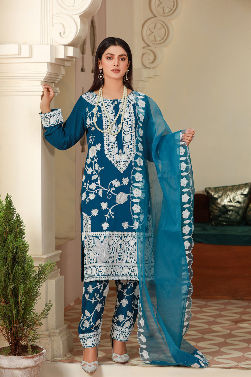 Teal Linen Embroidered Salwar Suit With Organza Dupatta - Desi Posh