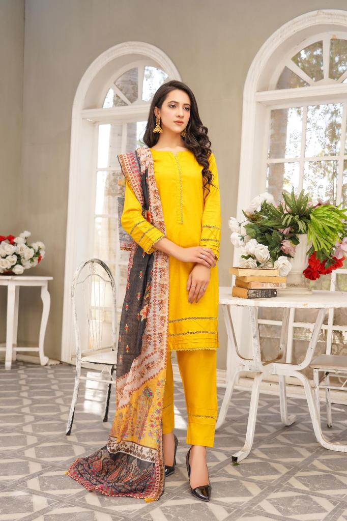 Bin Saeed Mustard 3 Piece Suit with Organza Dupatta - Desi Posh