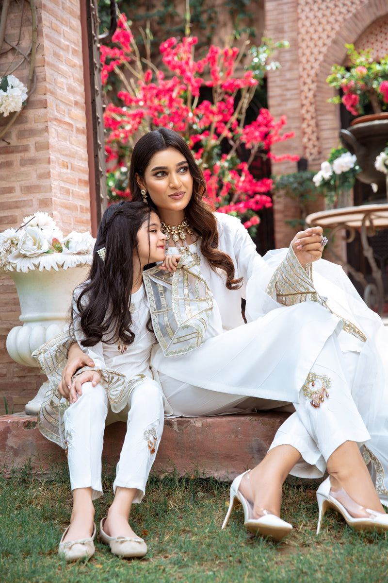 Ivana Luxury Silk Mummy & Me Girls White Outfit DV02K - Desi Posh