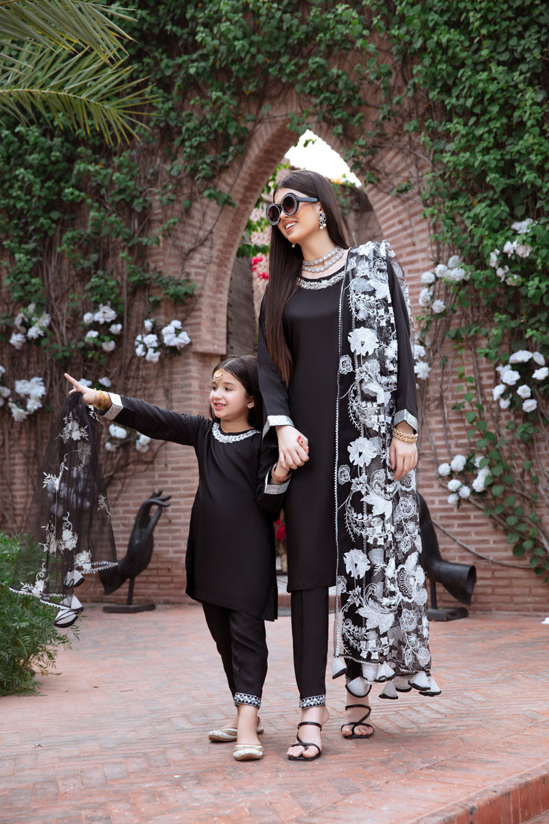 Ivana Luxury Silk Mummy & Me Girls Black Outfit DV01K - Desi Posh