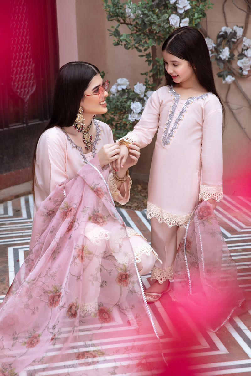 Ivana Luxury Silk Mummy & Me Girls Pink Outfit DV03K - Desi Posh