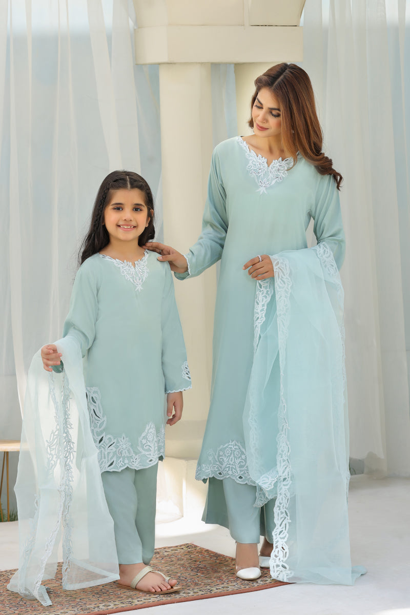 Desi Posh Pastels Mummy & Me Kids Eid suit Greeny Blue - Desi Posh