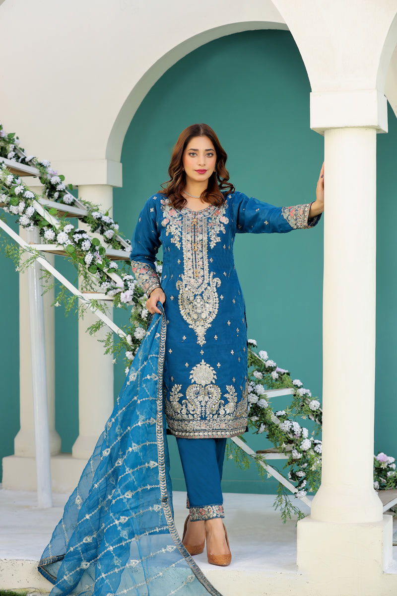 Simrans Embroidered Organza Teal Eid Outfit With Net Dupatta - Desi Posh