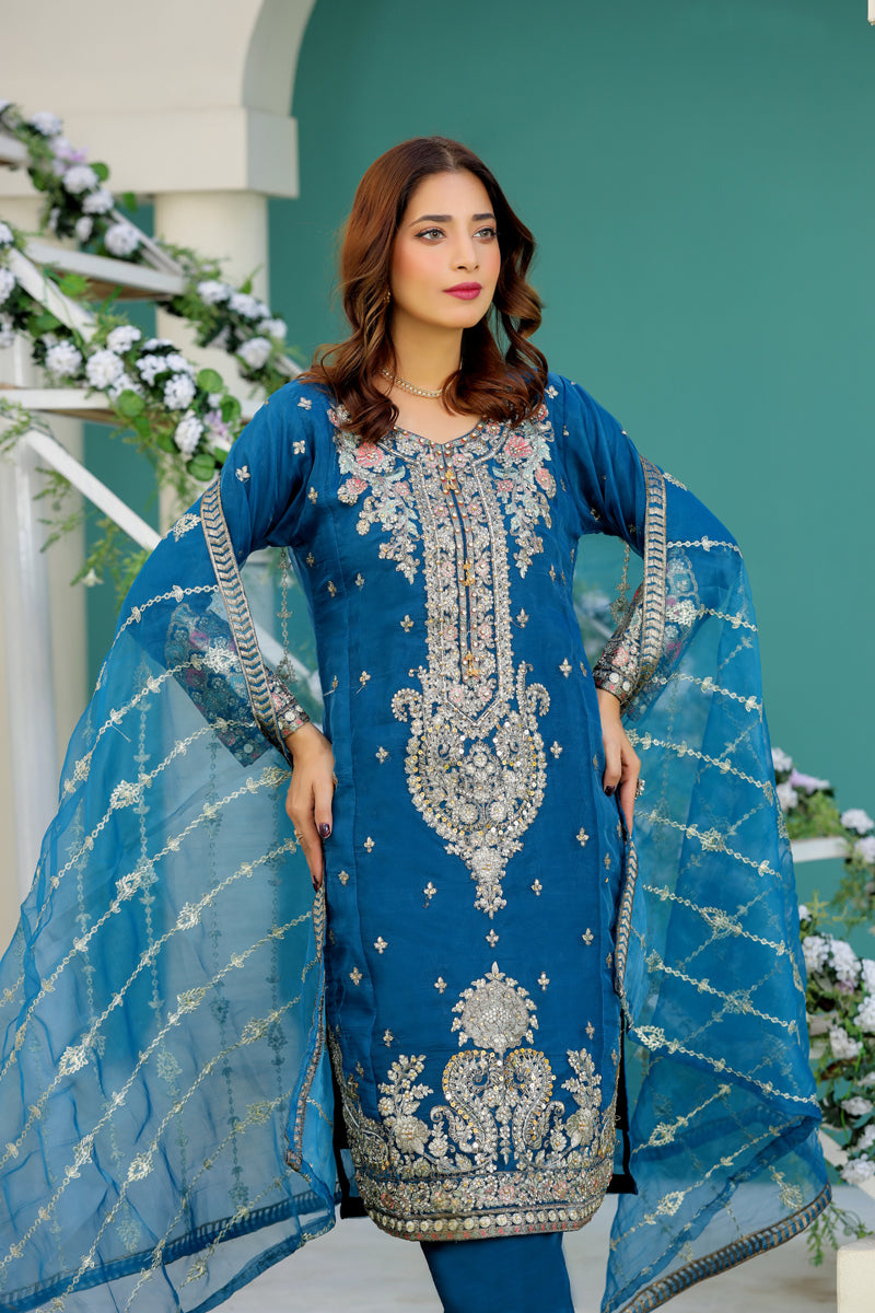 Simrans Embroidered Organza Teal Eid Outfit With Net Dupatta - Desi Posh