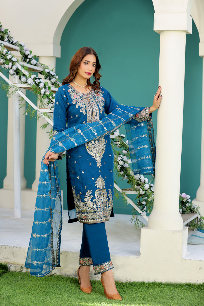 Simrans Embroidered Organza Teal Eid Outfit With Net Dupatta - Desi Posh