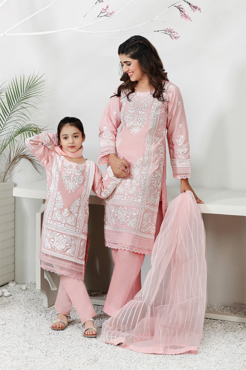 Simrans Mummy & Me Girls Cotton Eid Suit Pink - Desi Posh